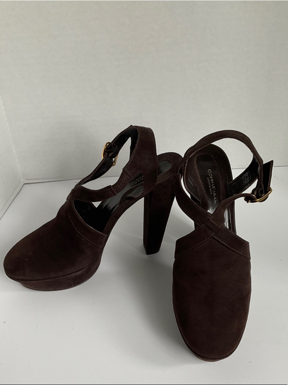 Donna Karan Brown Suede Crisscross Platform Block Heels
